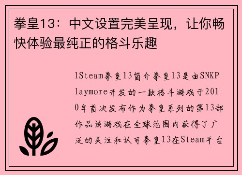 拳皇13：中文设置完美呈现，让你畅快体验最纯正的格斗乐趣